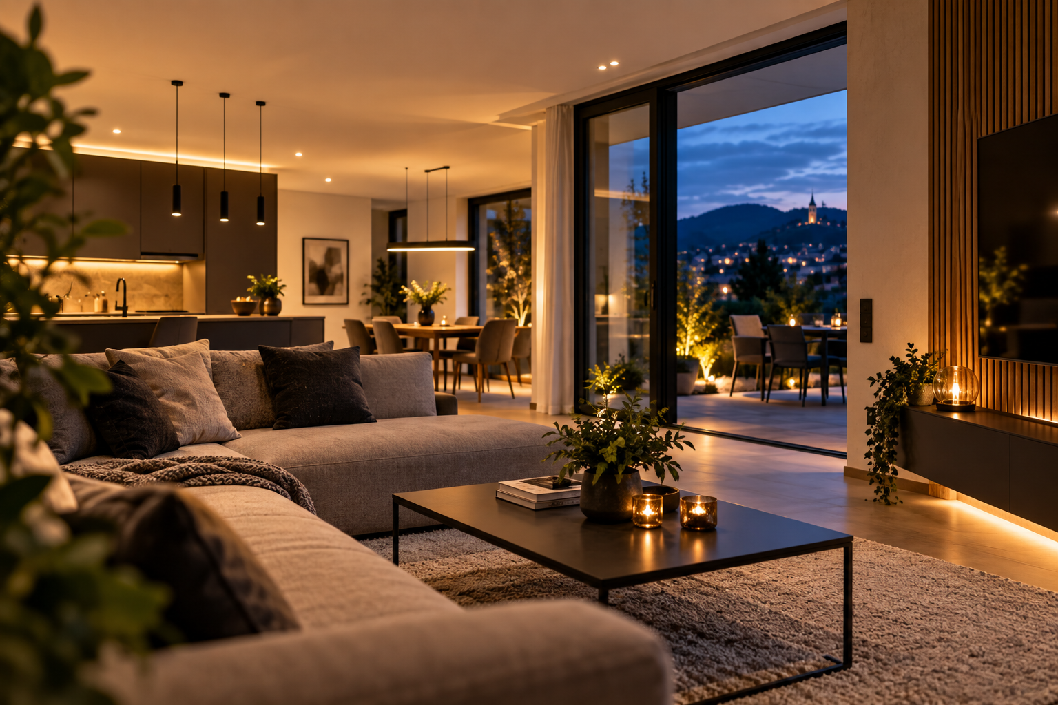 Modernes Wohnzimmer mit warmer Beleuchtung und Aussicht am Abend